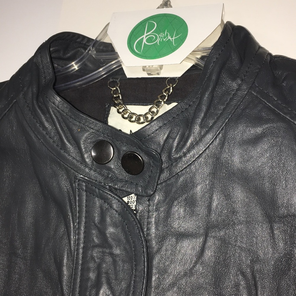 BB Dakota Blue/Gray Leather Moto Jacket, Size L - Picture 2 of 13